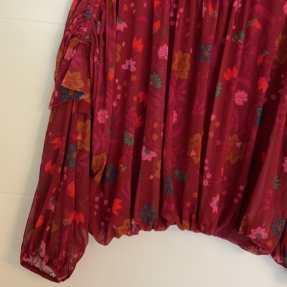 Free People Berry Wildflower Honey Boho Blouse Puffy Sleeves Girly Romantic Top - Picture 6 of 11